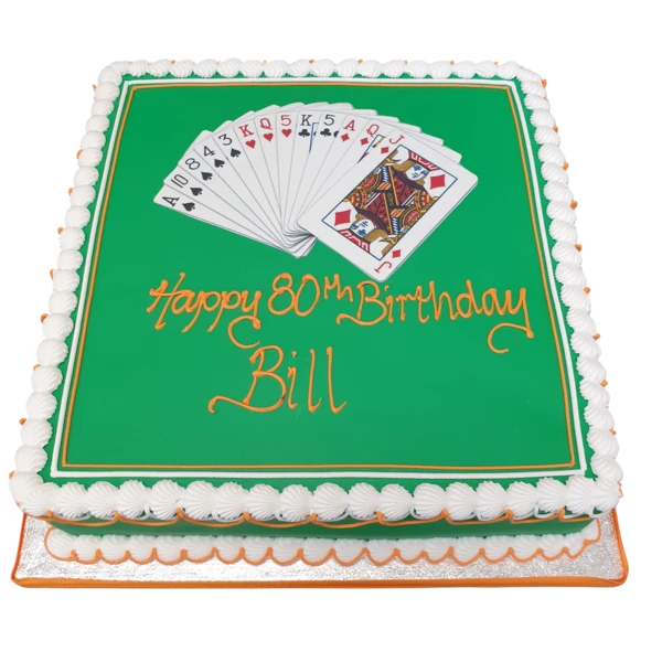 Bespoke playing cards cake with detailed edible card designs for a celebration in Solihull, West Midlands.