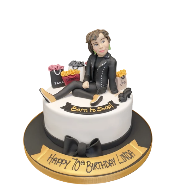 Bespoke Groovy Shopper cake with vibrant retro patterns and bold colors, crafted in Solihull, West Midlands.