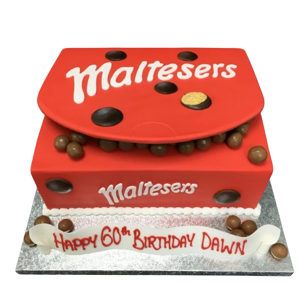 Bespoke Malteasers box cake with realistic chocolate ball decorations for celebration in Solihull, West Midlands.