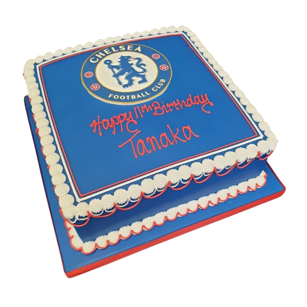 Bespoke Chelsea Football Club badge cake with blue, white, and red icing, celebrating in Solihull, West Midlands.