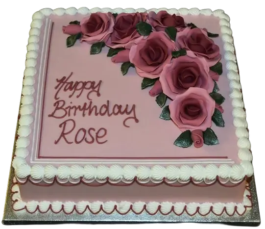 Bespoke square cake adorned with tricolour dusky pink roses, perfect for celebration in Solihull, West Midlands.