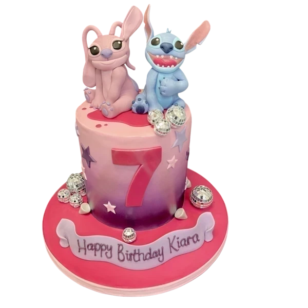 Bespoke Angel and Stitch disco-themed cake with vibrant colors and character toppers in Solihull, West Midlands.