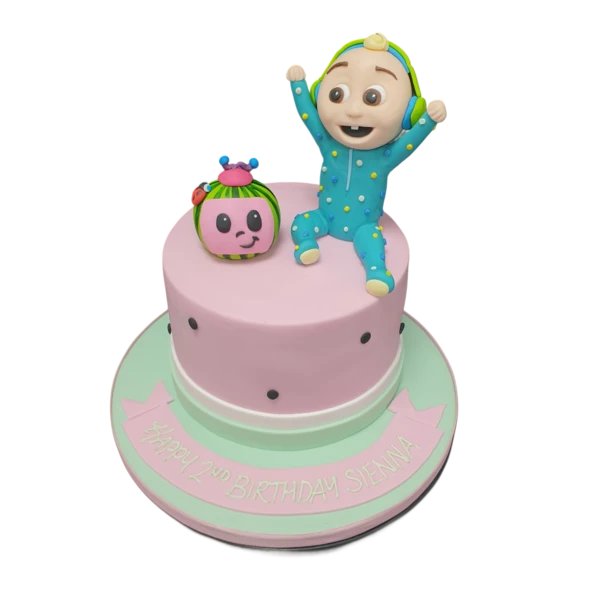 Bespoke CocoMelon cake with vibrant characters and colorful decorations, perfect for celebration in Solihull, West Midlands.