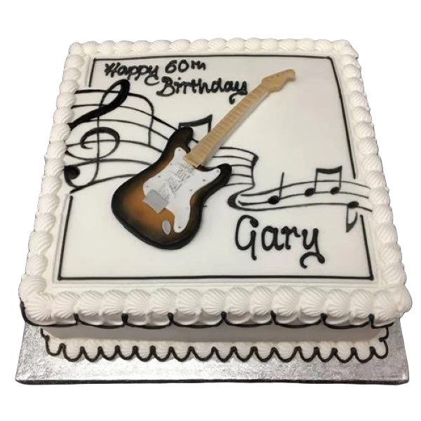 Bespoke guitar and music-themed cake with detailed fondant notes in Solihull, West Midlands celebration.