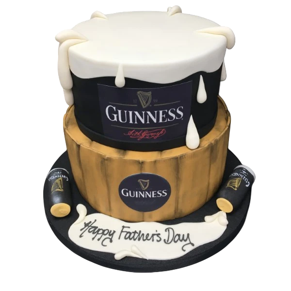 Bespoke Guinness celebration cake with smooth dark icing and creamy white topping, crafted in Solihull, West Midlands.