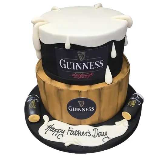 Bespoke Guinness celebration cake with smooth dark icing and creamy white frosting accents in Solihull, West Midlands.