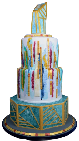 Art Deco wedding cake with gold geometric accents and colourful brushstrokes.