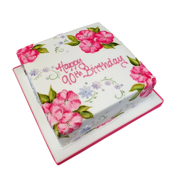 Bespoke cake with hand-painted floral designs, perfect for celebration in Solihull, West Midlands.
