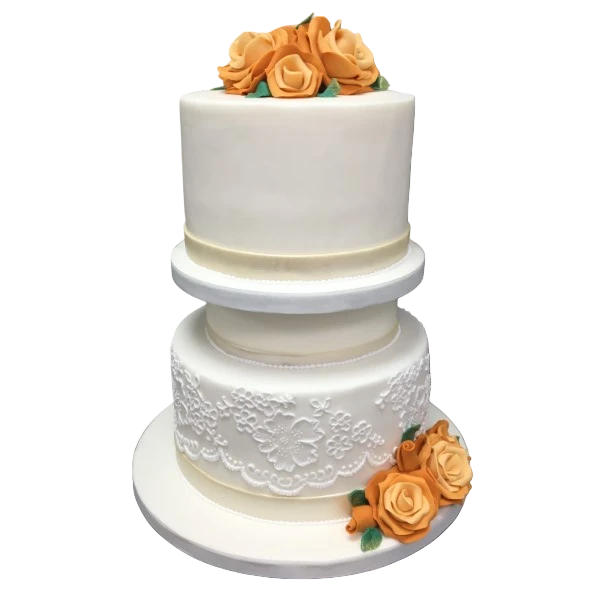 Three-tier wedding cake with white sugar paste and orange sugar roses.
