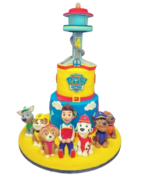 Bespoke PAW PATROL celebration cake with multiple dog figures and a tower in Solihull, West Midlands.
