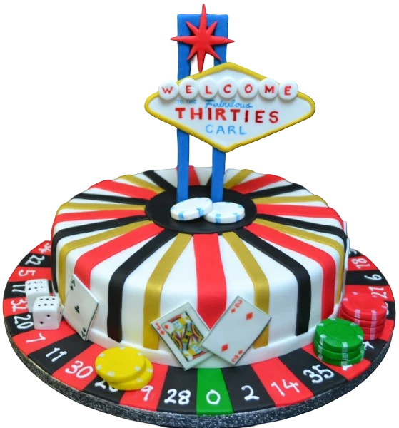 A visually striking cake decorated in a fun and vibrant Vegas theme, featuring unique roulette-style decorations and colours. Perfect for a themed celebration.
