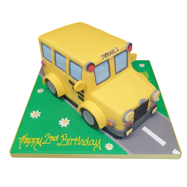 Bright and cheerful yellow school bus themed cake for children's parties, featuring intricate details and colourful decorations. Perfect for a transportation-themed celebration.