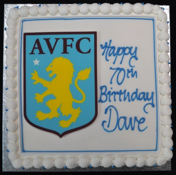 Bespoke square cake featuring the Aston Villa badge, decorated in team colors, Solihull, West Midlands.