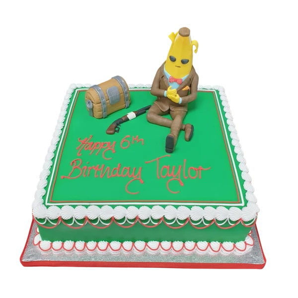 Bespoke Fortnite Banana Man cake with vibrant yellow character design, crafted in Solihull, West Midlands.