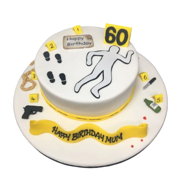 Bespoke Crime Scene cake with edible police tape and fingerprint details, crafted in Solihull, West Midlands.
