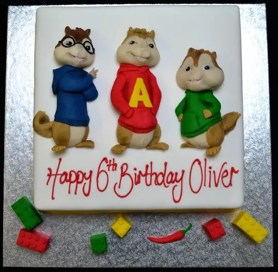 Bespoke celebration cake in Solihull, West Midlands featuring detailed Chipmunks characters Simon, Alvin, and Theodore.