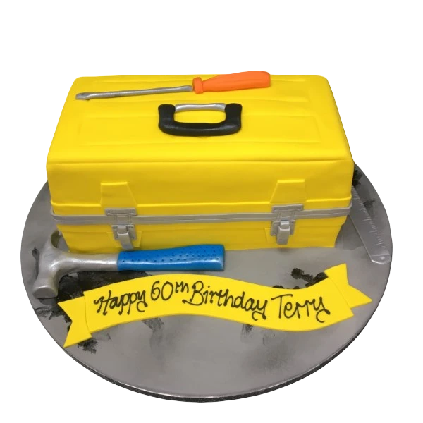 Bespoke toolbox cake with edible tools and realistic details for a celebration in Solihull, West Midlands.