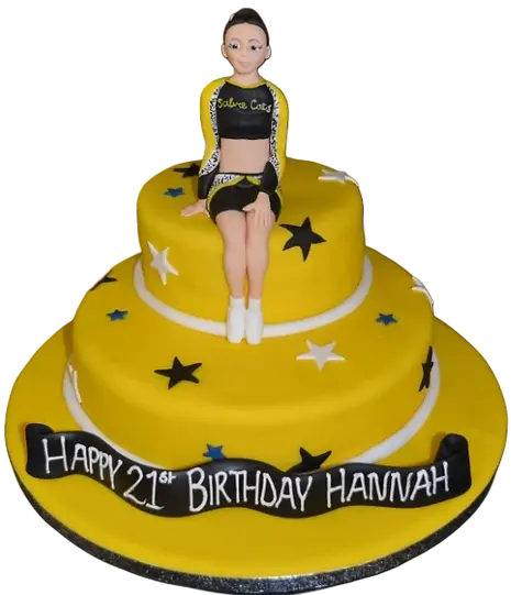 Bespoke Cheer Leader Duo cake with vibrant fondant figures, detailed pom-poms, and Solihull, West Midlands celebration design.