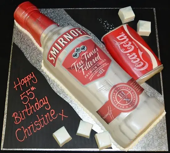 Bespoke SMIRNOFF & Cola themed celebration cake with detailed logo design in Solihull, West Midlands.