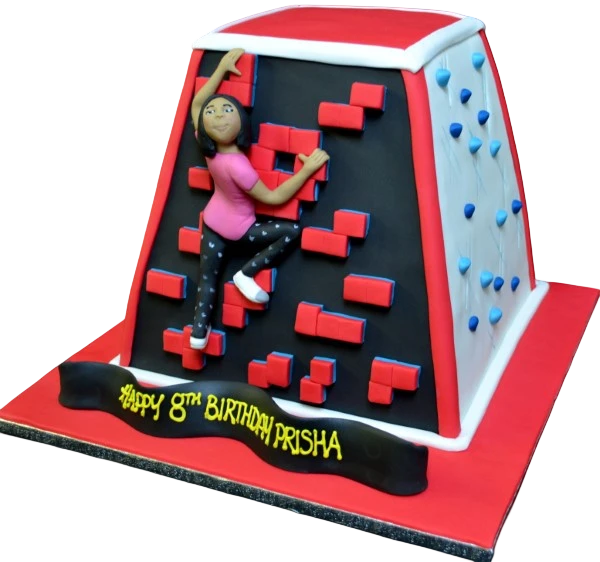 Bespoke climbing wall cake with edible holds and ropes, crafted for a celebration in Solihull, West Midlands.