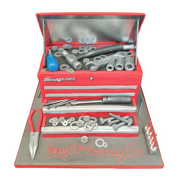 Bespoke Snap-On Tool Box cake with realistic tool details, crafted for a celebration in Solihull, West Midlands.