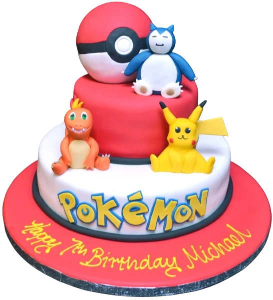 Bespoke Pokémon duo cake with Pikachu and Charizard figures, vibrant colors, in Solihull, West Midlands celebration.
