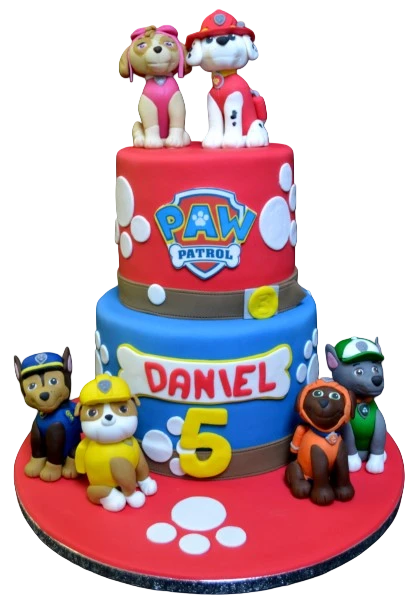 A colourful and vibrant Paw Patrol themed cake featuring two popular characters from the animated series, perfect for themed parties and celebrations.