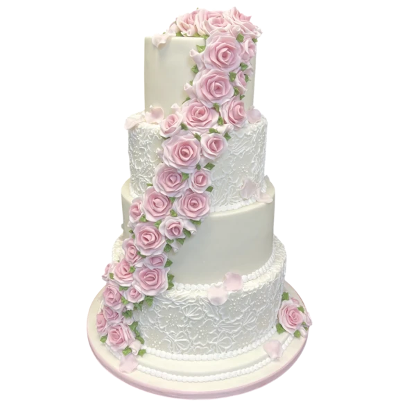 Four-tier wedding cake with pink sugar paste roses and lace textures.