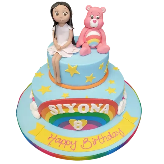 Bespoke Care Bear Rainbow cake with colorful fondant clouds and stars, crafted in Solihull, West Midlands.