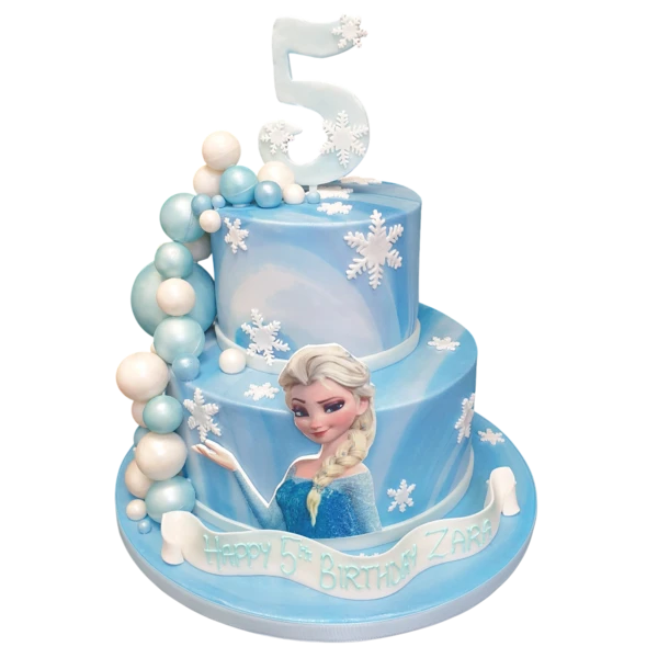 Beautifully decorated Frozen Elsa themed cake. Perfect for Disney lovers and themed parties. Ideal for birthdays or special occasions.