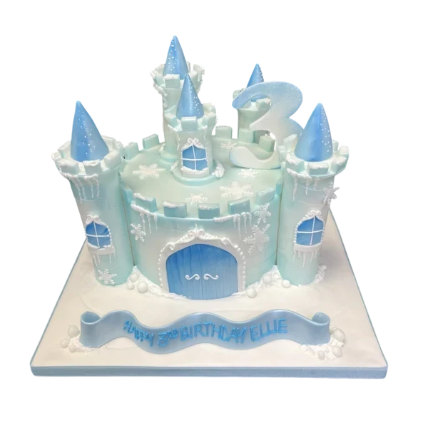 Bespoke Frozen-inspired castle cake with icy blue towers and snowflake details in Solihull, West Midlands.