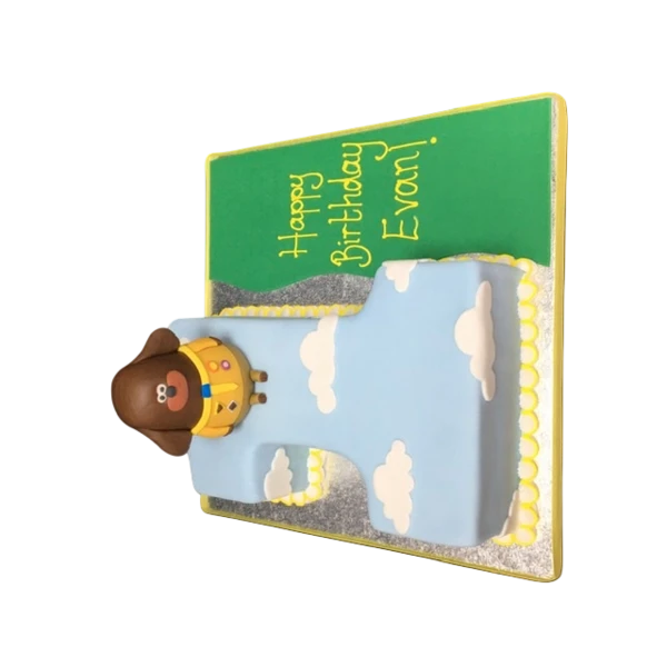 Bespoke Hey Duggee number cake with colorful icing and character decorations in Solihull, West Midlands.
