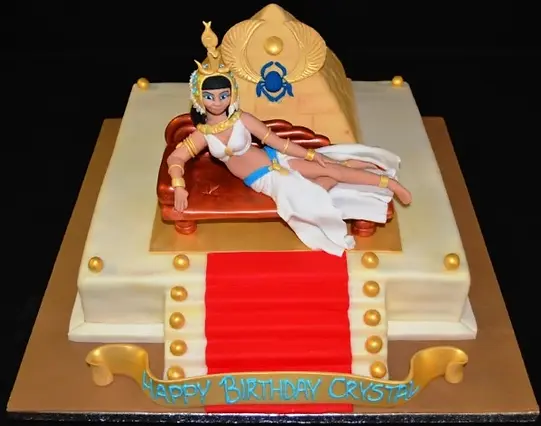 Bespoke Egyptian-themed square cake with gold accents and hieroglyphics, crafted in Solihull, West Midlands.
