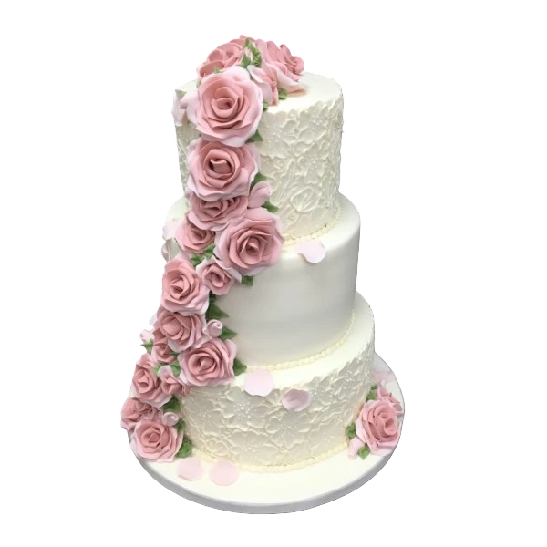 Three-tier wedding cake with pink sugar paste roses and intricate textures.