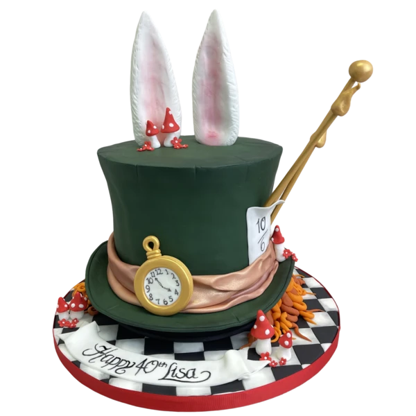 Bespoke Mad Hatter hat cake with vibrant colors and intricate details for a celebration in Solihull, West Midlands.