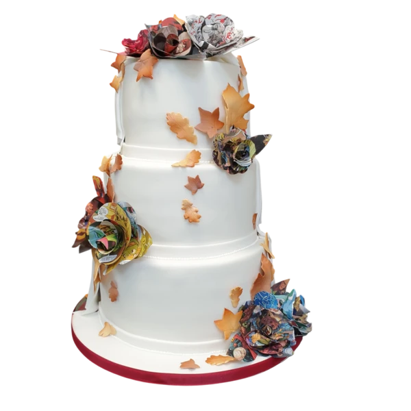 Three-tier wedding cake with sugar paste, autumn leaves, and vibrant floral accents.