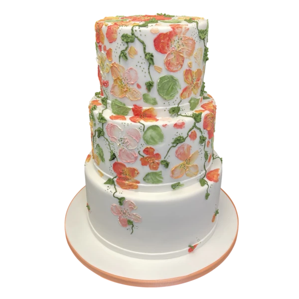 Three-tier wedding cake with hand-painted sugar paste flowers in pink, orange, and green.