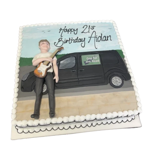 Bespoke cake featuring a guitar and van design for a celebration in Solihull, West Midlands.