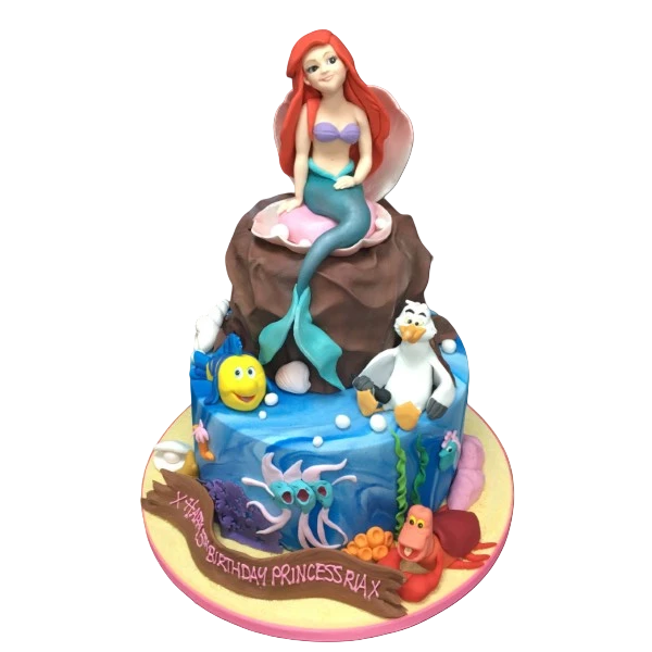 Bespoke Little Mermaid Ariel and friends cake with colorful ocean-themed decorations in Solihull, West Midlands.