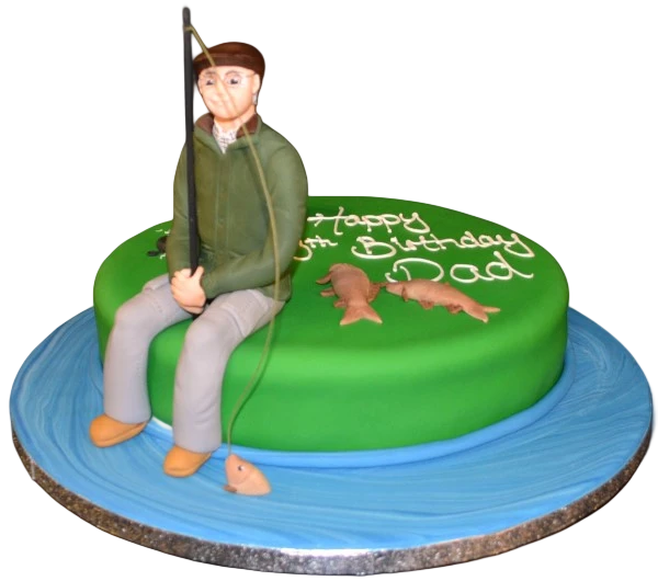 Bespoke celebration cake featuring a fisherman figurine on a red base, crafted in Solihull, West Midlands.