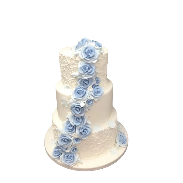 Three-tier wedding cake with blue sugar paste roses and textured white finish.