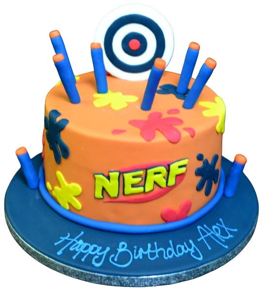 Bespoke Nerf gun target cake with vibrant colors and detailed target design in Solihull, West Midlands.
