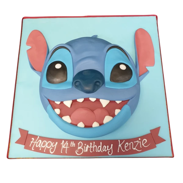 A whimsical cake decorated with a charming design inspired by Stitch from Lilo and Stitch, perfect for fans of the beloved Disney character.