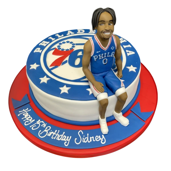 Bespoke Philadelphia 76ers basketball cake with team logo and basketball design in Solihull, West Midlands.