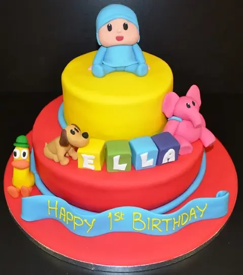 Bespoke Pocoyo Duo cake with colorful character toppers and vibrant decorations in Solihull, West Midlands.