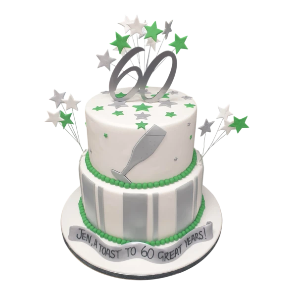 Bespoke 60th celebration cake with champagne flute, stars, and stripes design in Solihull, West Midlands.