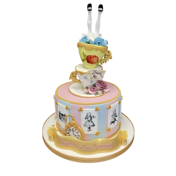 Bespoke Alice in Wonderland cake with vibrant characters and intricate details, crafted in Solihull, West Midlands.