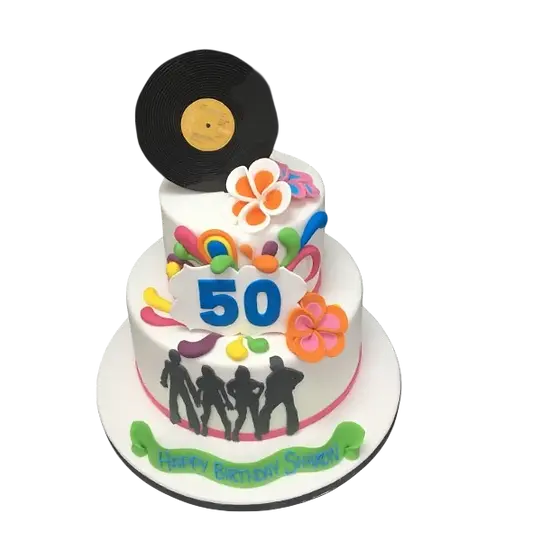 Bespoke hipster funky record cake with vibrant colors and vinyl design, crafted in Solihull, West Midlands.