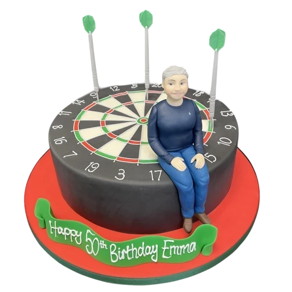 A unique and eye-catching cake shaped like a dart board, perfect for sport and game lovers with a sweet tooth.