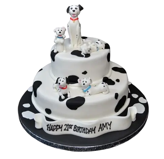 Bespoke 101 Dalmatians celebration cake featuring two spotted Dalmatian figures in Solihull, West Midlands.